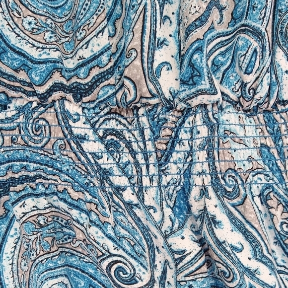 White House Black Market Blue Paisley Split Sleeve Tie Neck Shirred Waist Dress - Picture 4 of 9